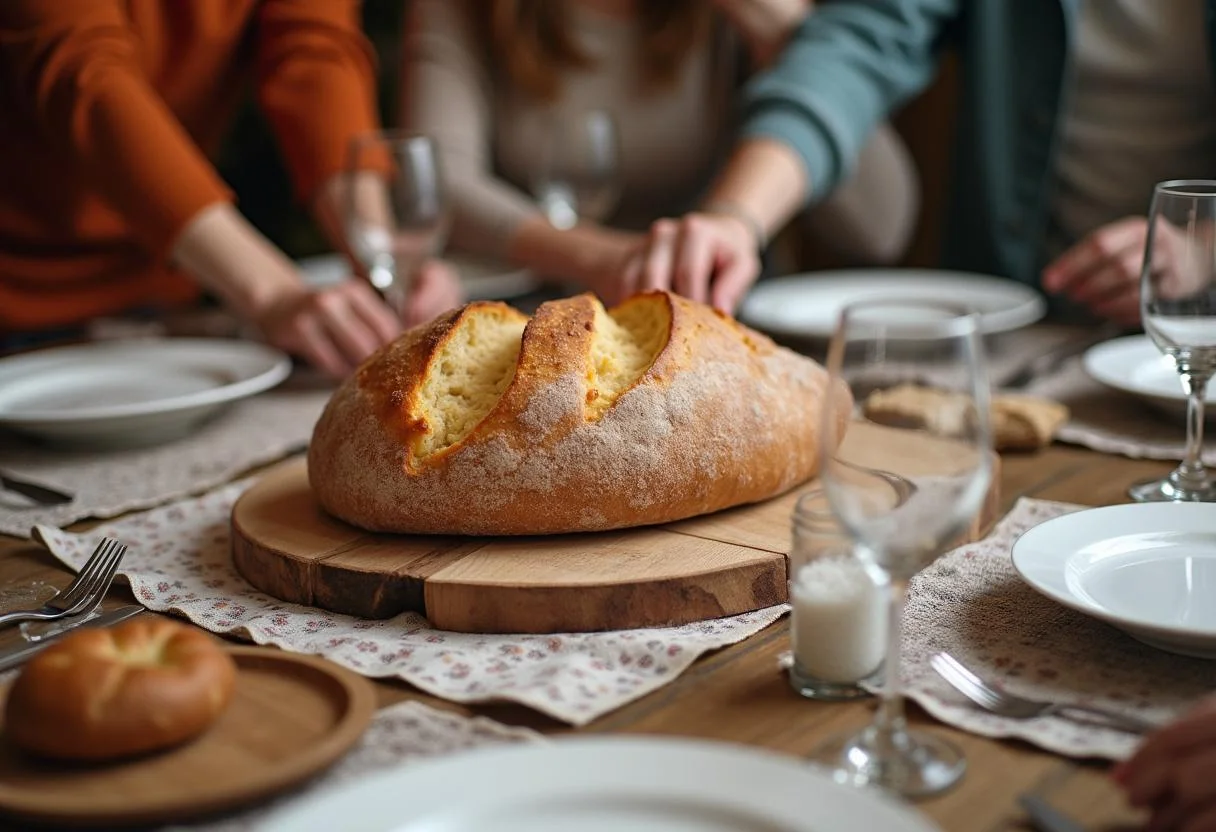 Family gathering around a table, celebrating with Brot und Salz zum Einzug.