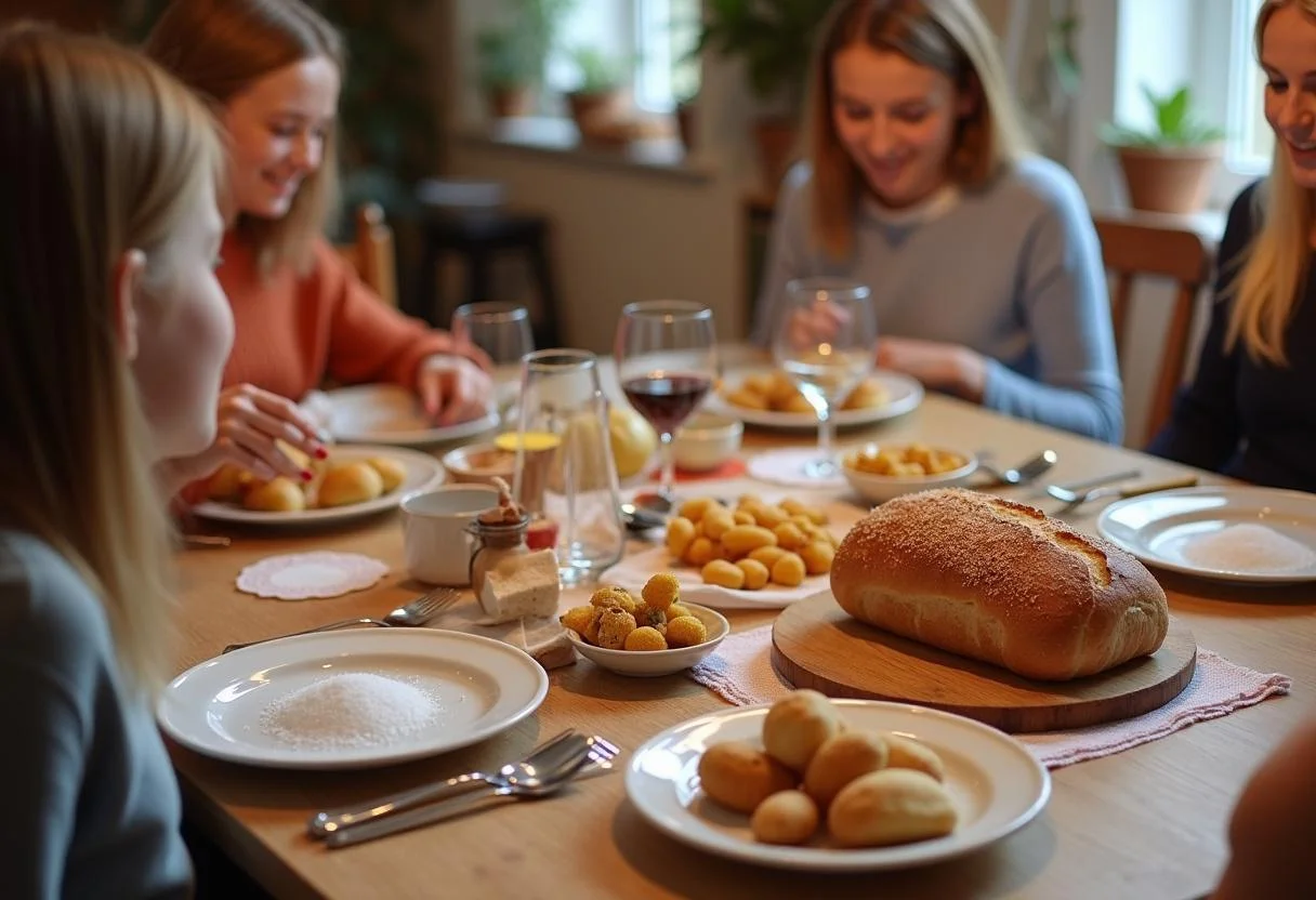 Familie versammelt sich um einen Tisch und feiert mit Brot und Salz zum Einzug.