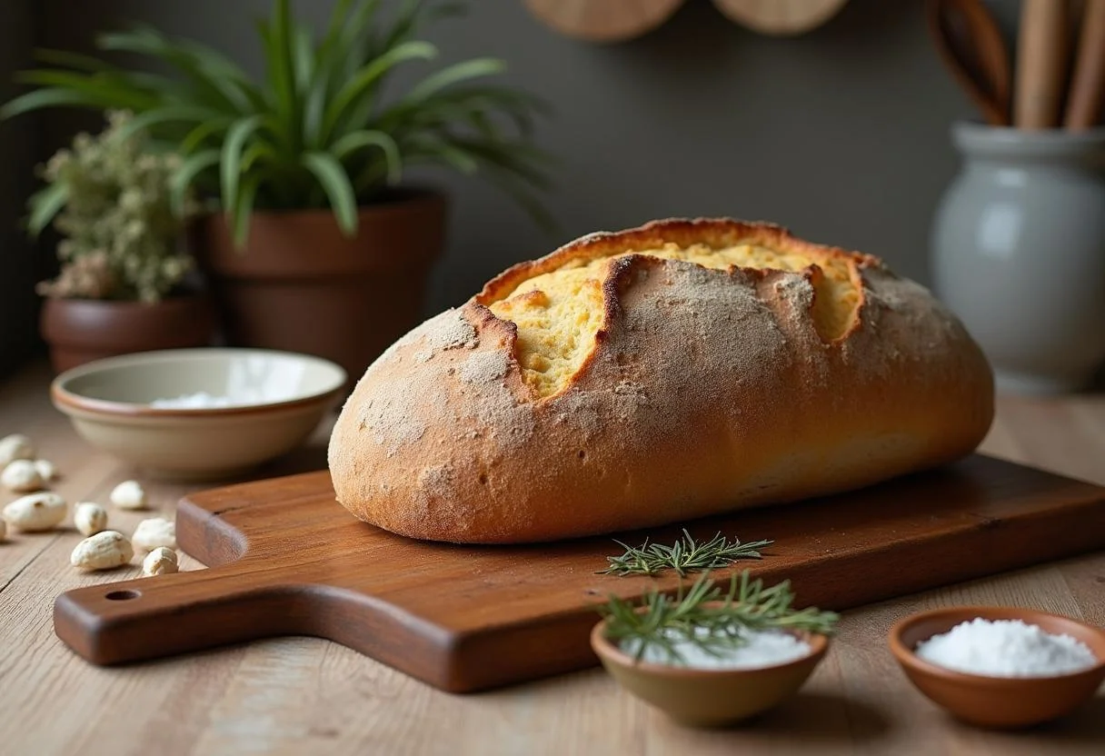Frisches Brotlaib und Schüsseln mit Salz, vorbereitet für die Brot und Salz zum Einzug Zeremonie.