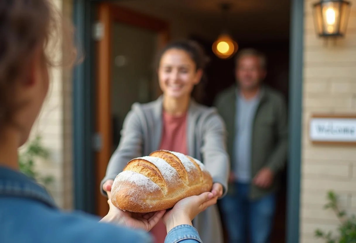 Familienmitglied überreicht Brot und Salz zum Einzug, um die Einweihung zu feiern.