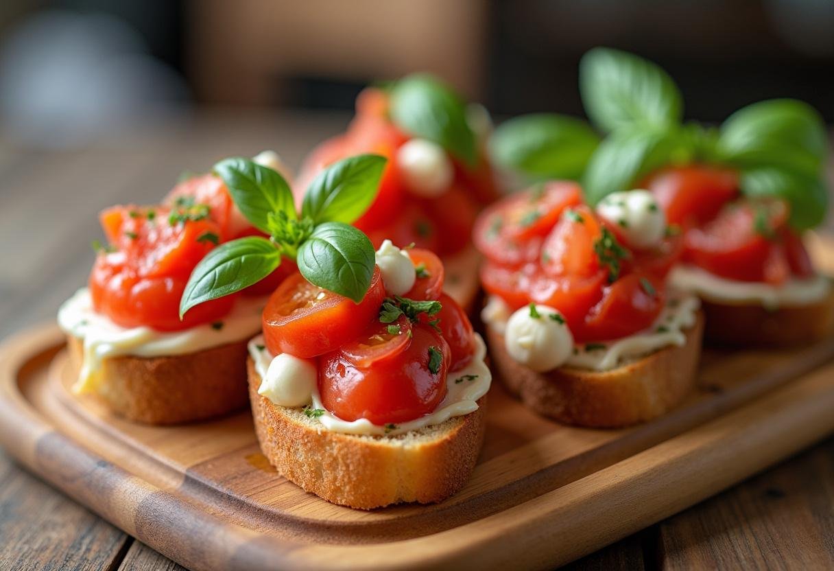 Fertig zubereitete Bruschetta mit Tomaten und Mozzarella, garniert mit Basilikumblättern.