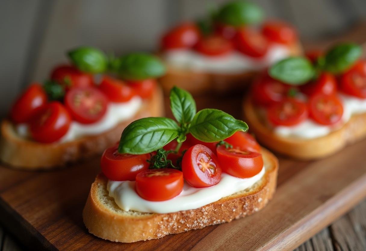 Fertig zubereitete Bruschetta mit Tomaten und Mozzarella, garniert mit Basilikumblättern.