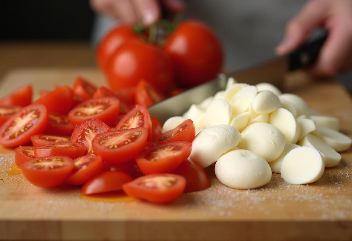 Frische Tomaten und Mozzarella werden auf einem Schneidebrett für Bruschetta vorbereitet.