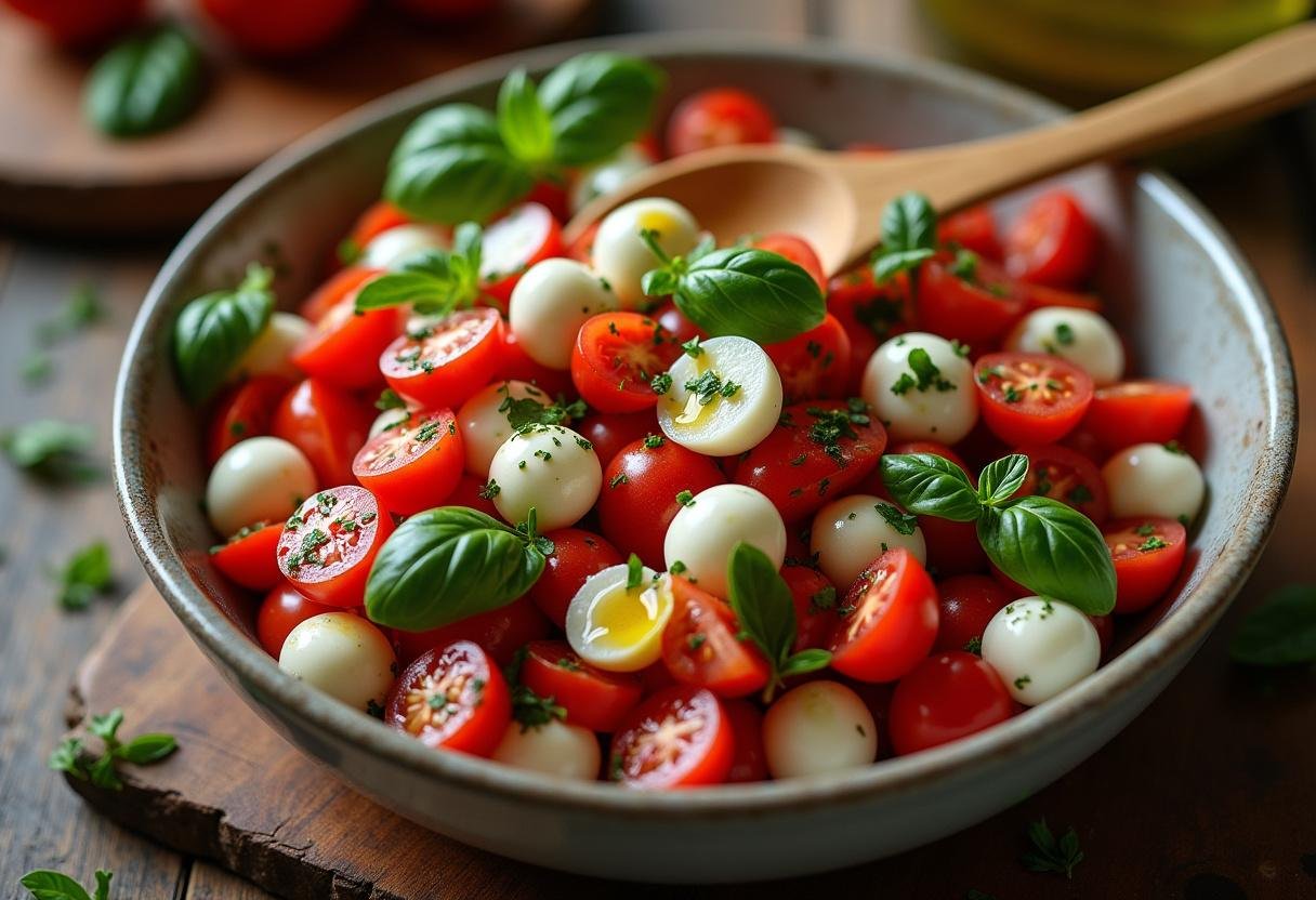 Gemischte Tomaten, Mozzarella und Basilikum in einer Schüssel für Bruschetta.