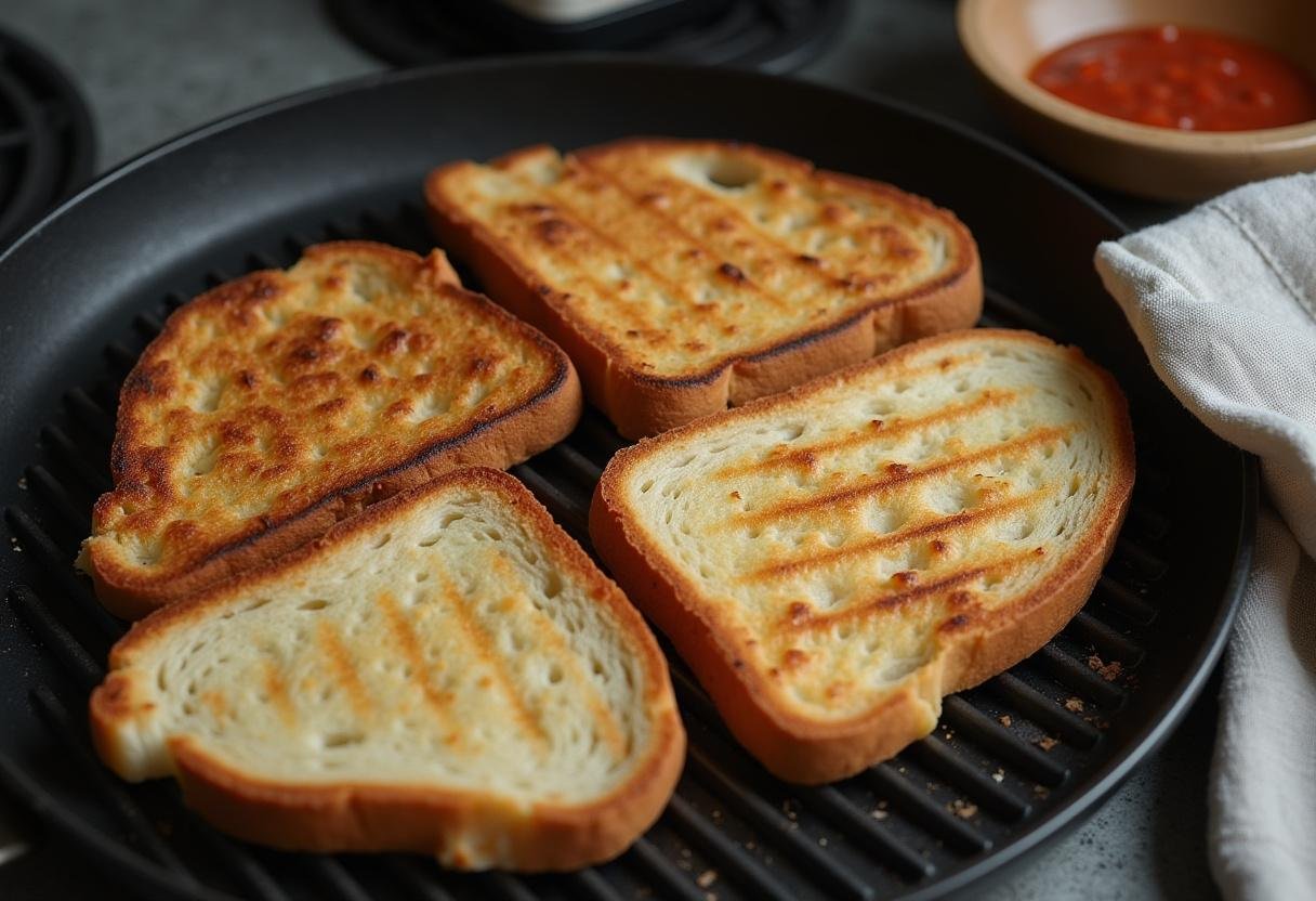 Rustikales Brot wird in einer Grillpfanne für Bruschetta getoastet.