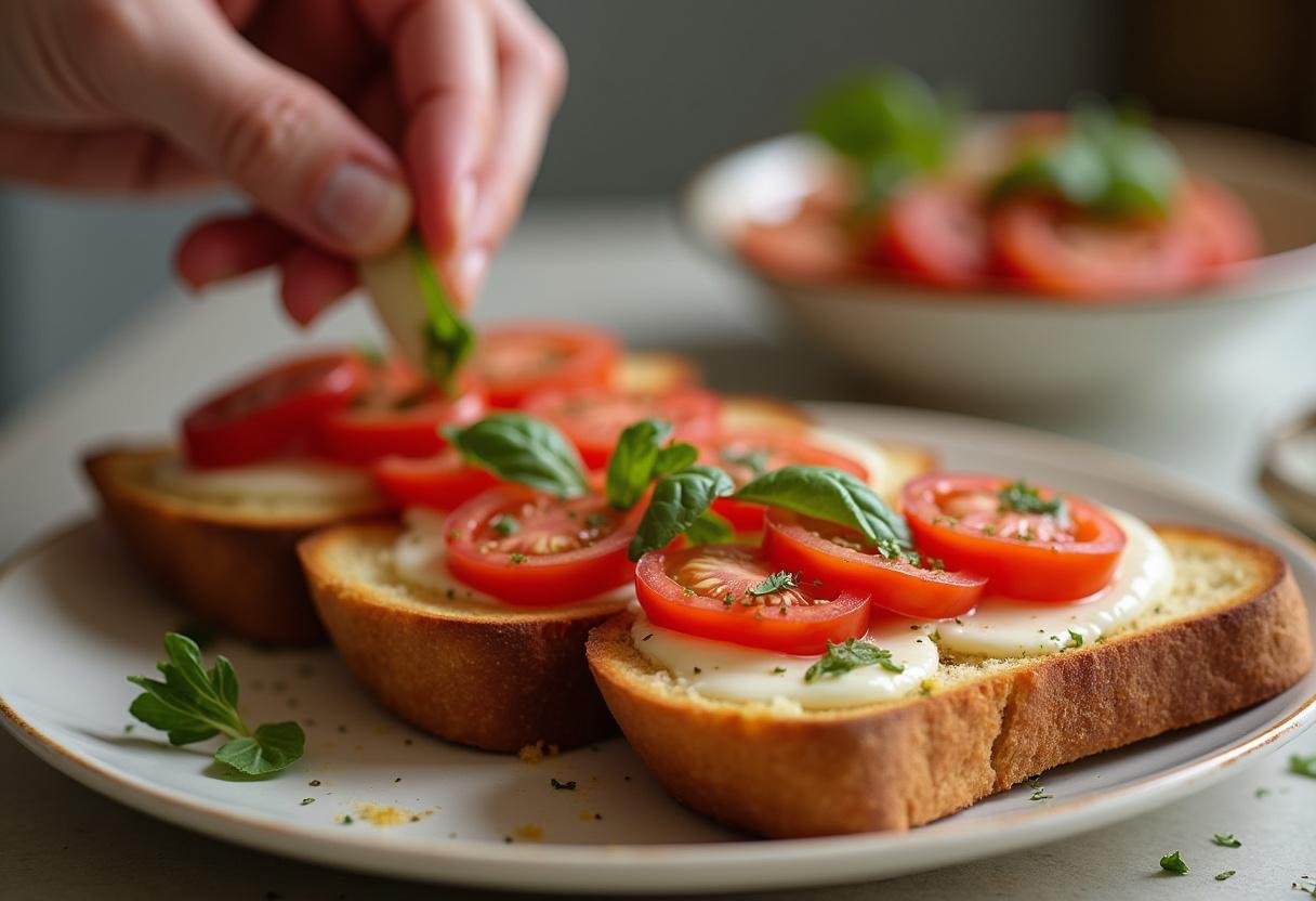 Knoblauch wird auf getoasteten Brotscheiben für Bruschetta verrieben.