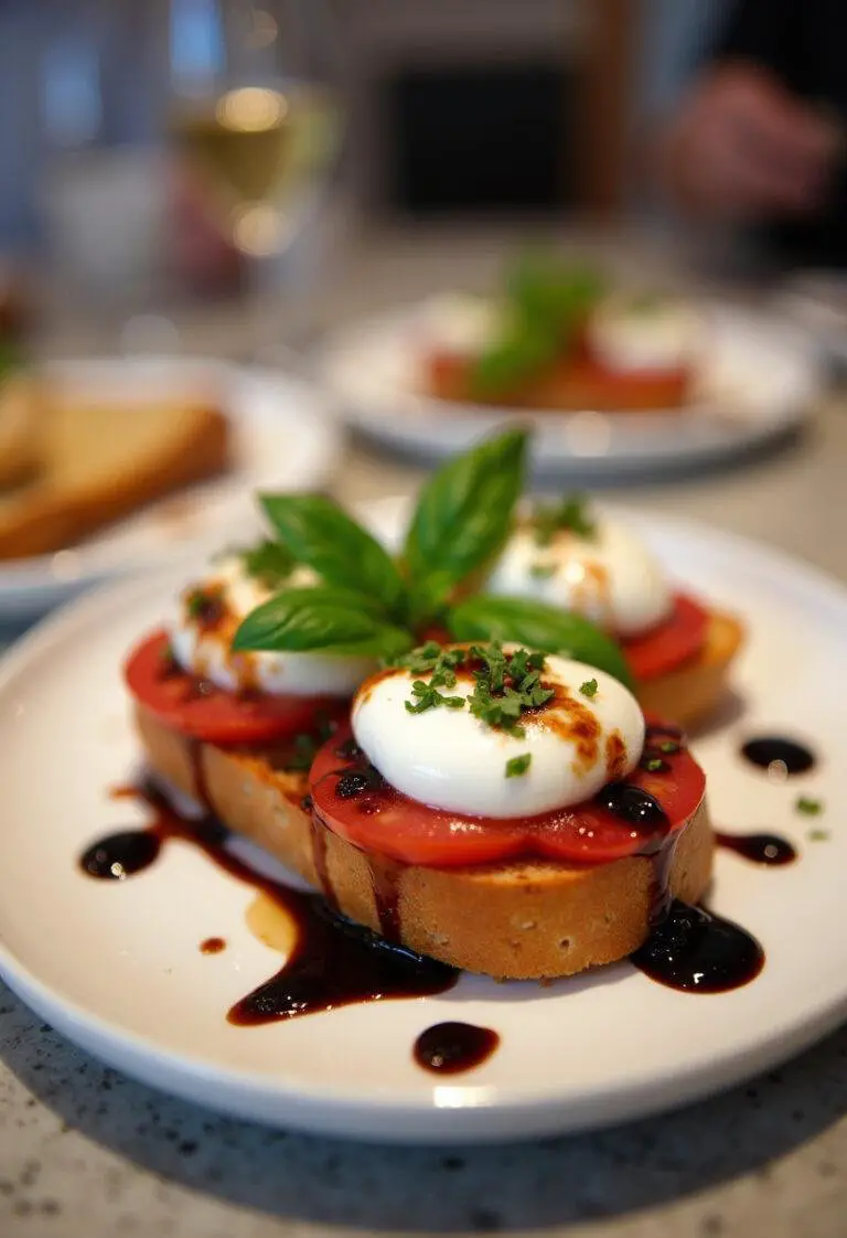 Finished Burrata Bruschetta with fresh basil and balsamic glaze, perfect for entertaining.