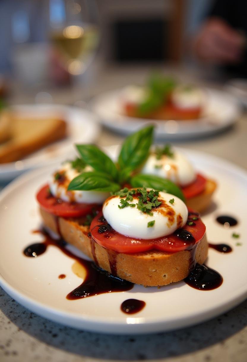 Finished Burrata Bruschetta with fresh basil and balsamic glaze, perfect for entertaining.