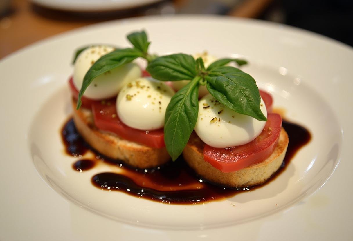 Fertige Burrata Bruschetta mit frischem Basilikum und Balsamico-Glasur, perfekt für Unterhaltung.