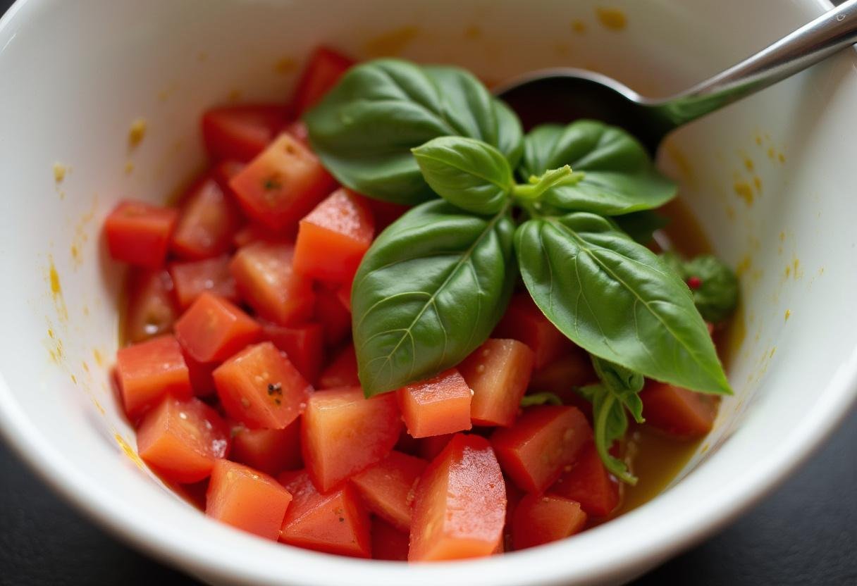 Tomaten- und Basilikummischung für Burrata Bruschetta, die in einer Schüssel zubereitet wird.