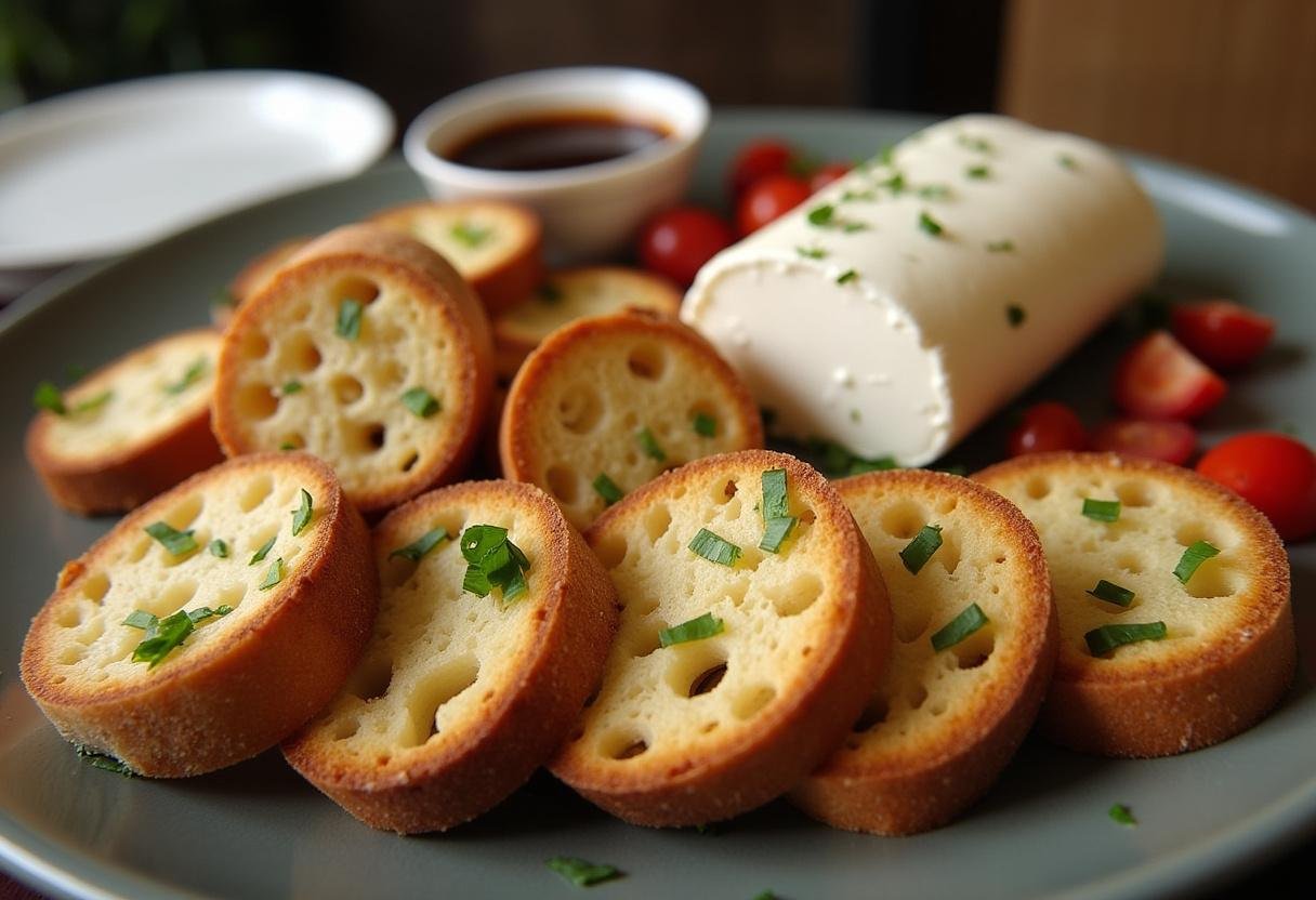 Getoastete Baguettescheiben auf einer Platte mit Balsamico-Glasur und Burrata-Käse für Burrata Bruschetta.