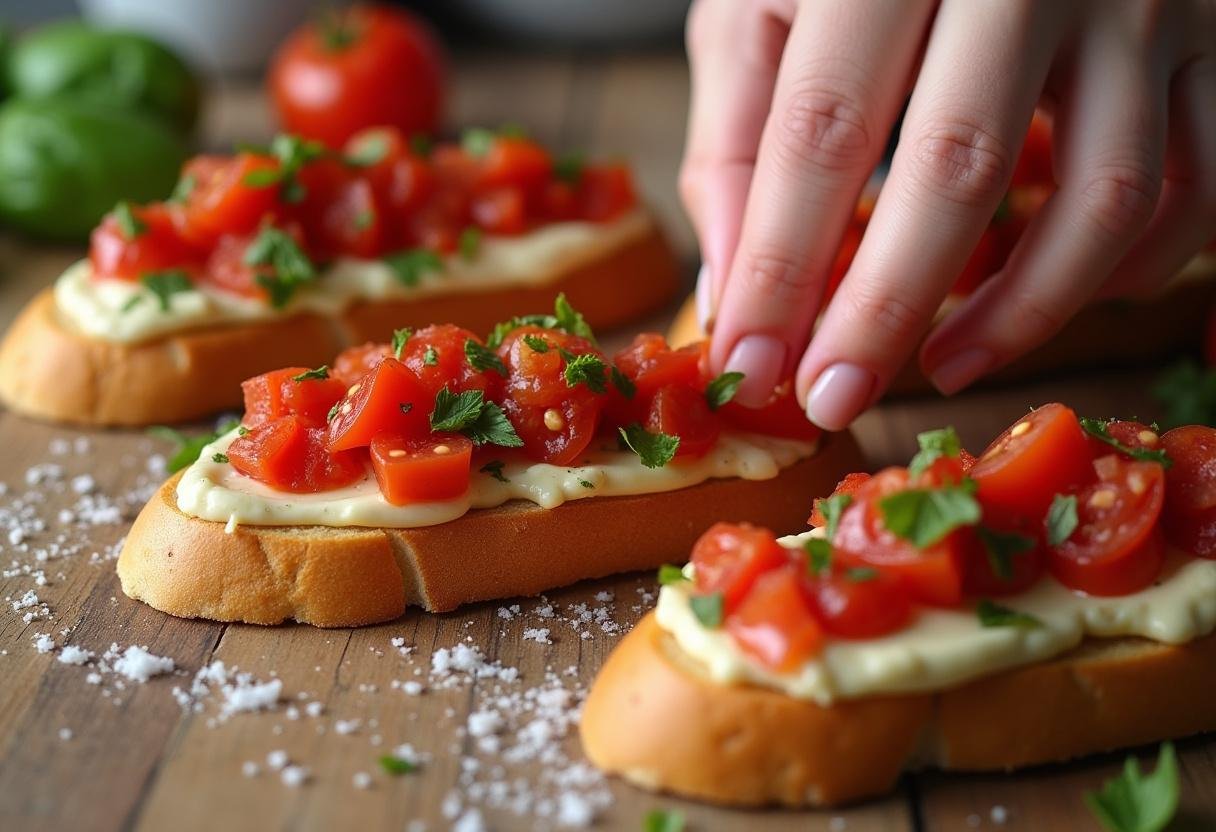 Anrichten der Tomatenmischung auf getoasteten Baguettescheiben für Burrata Bruschetta.