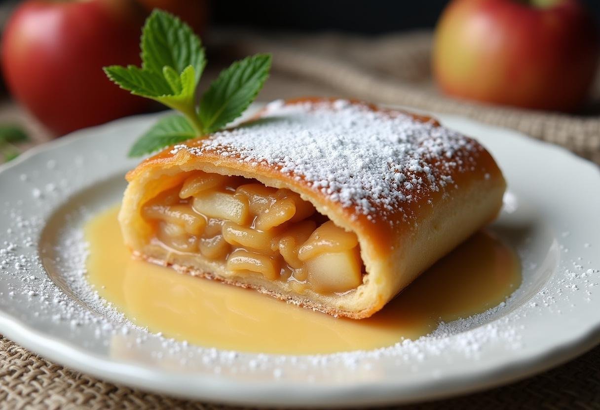 Gebackener Apfelstrudel mit Vanillesoße, perfekt zum Servieren.