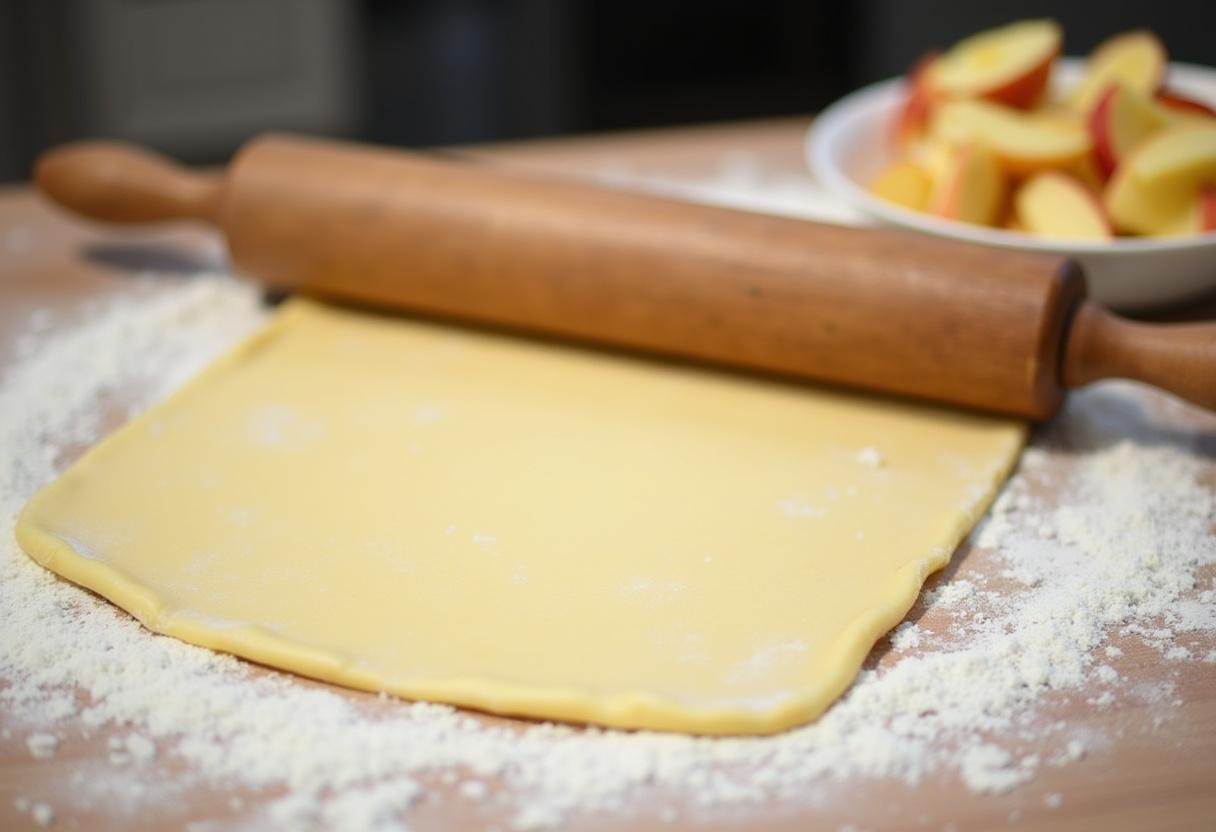 Dünner Strudelteig auf einer bemehlten Fläche für buttrige Apfelstrudelträume mit Vanillesoße.