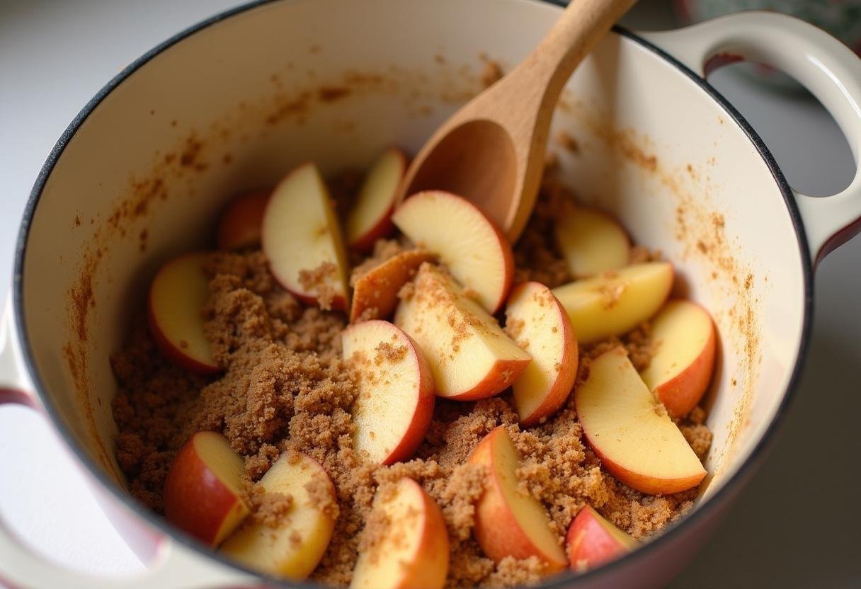 Gewürzte Apfelscheiben mit Zimt und Zucker für Apfelstrudelträume.