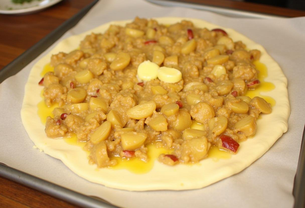 Apfelmischung wird auf den Strudelteig verteilt für buttrige Apfelstrudelträume.