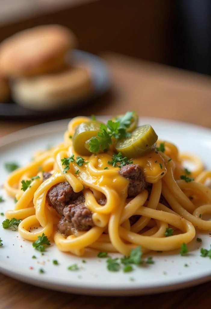 Delicious serving of Cheeseburger Pasta garnished with pickles and parsley, ready to enjoy.