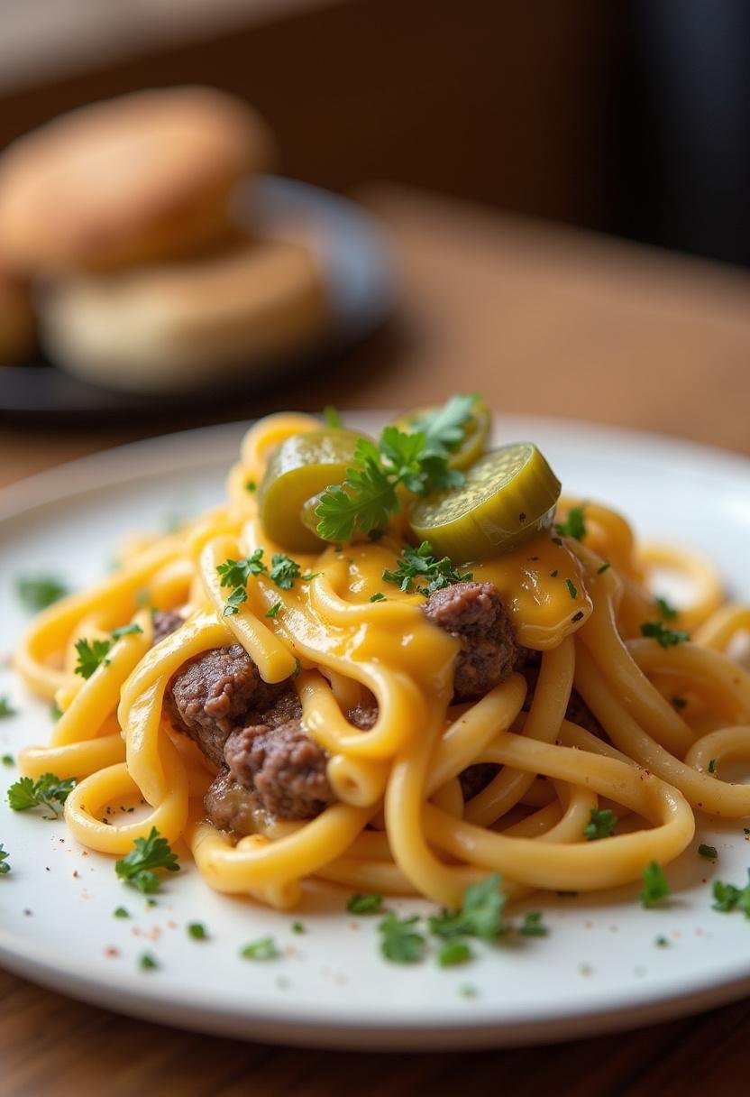 Delicious serving of Cheeseburger Pasta garnished with pickles and parsley, ready to enjoy.