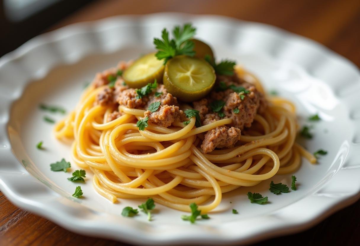 Köstliche Portion Cheeseburger Pasta, garniert mit Gurken und Petersilie, bereit zum Genießen.