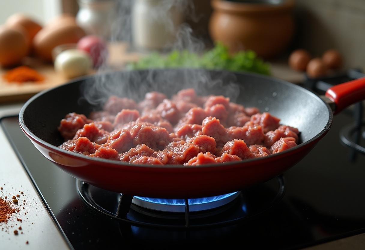 Hackfleisch für Cheeseburger Pasta in einer Pfanne auf dem Herd anbraten.