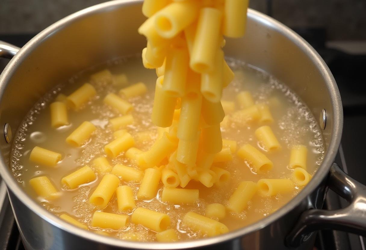 Nudeln für Cheeseburger Pasta in kochendem Wasser auf dem Herd kochen.