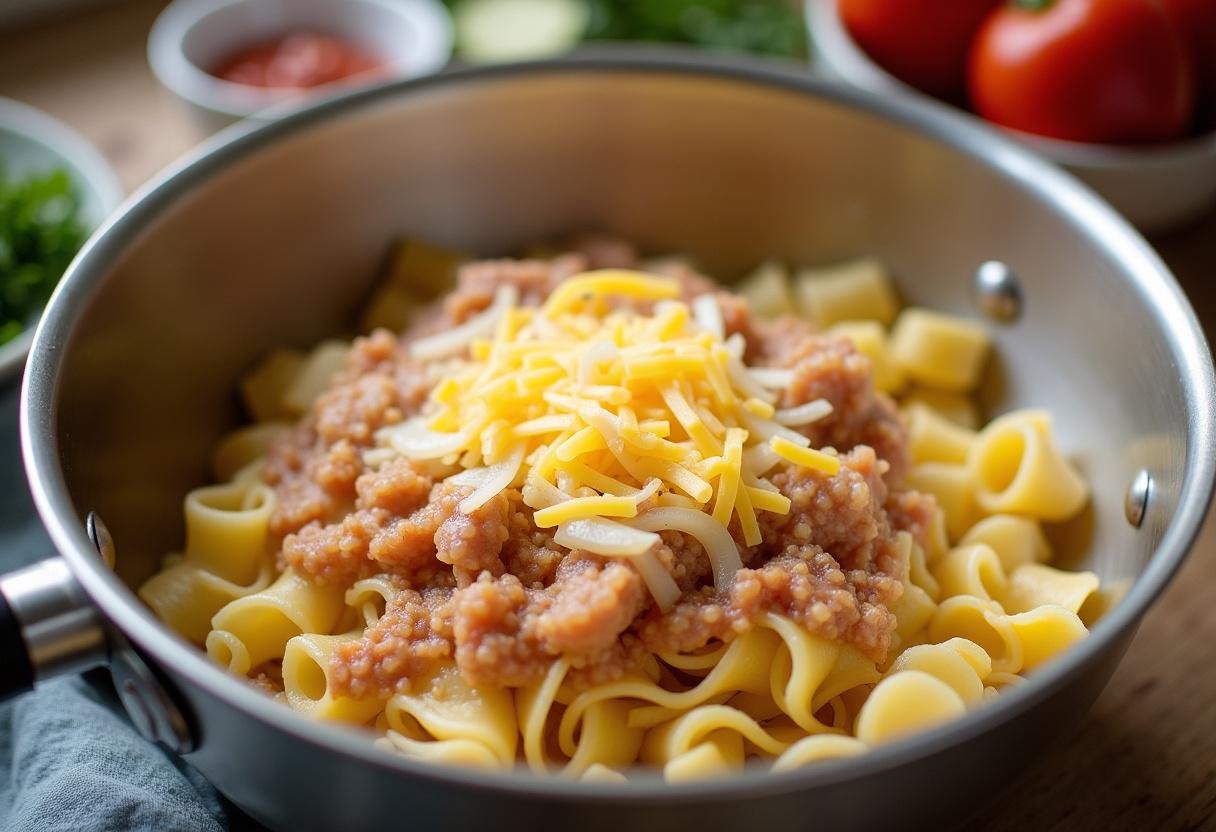 Angebratene Zwiebeln und geschmolzenen Käse mit Nudeln für Cheeseburger Pasta kombinieren.