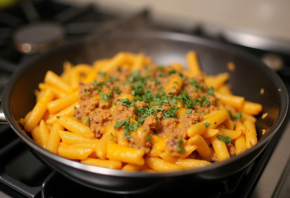 Die fertige Cheeseburger Pasta-Mischung in einer Pfanne auf dem Herd erhitzen.
