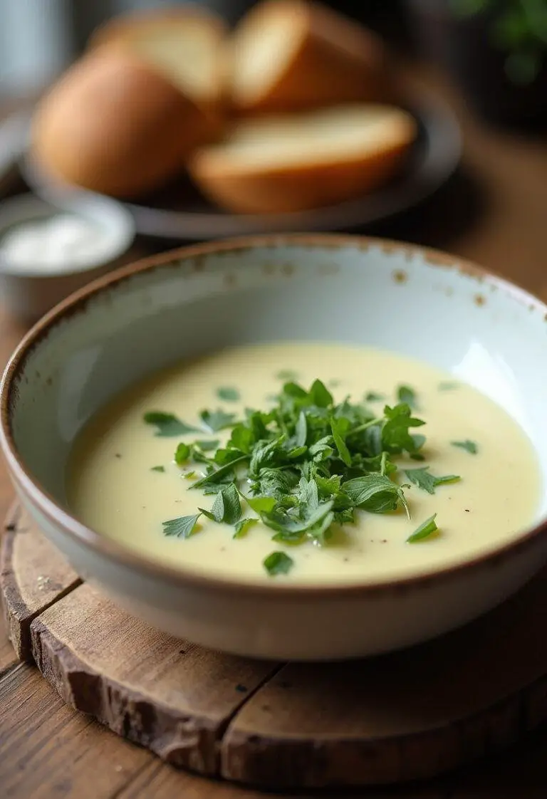 Fertige Cremesuppe mit Lauch und Schmelzkäse, serviert mit frischen Kräutern.