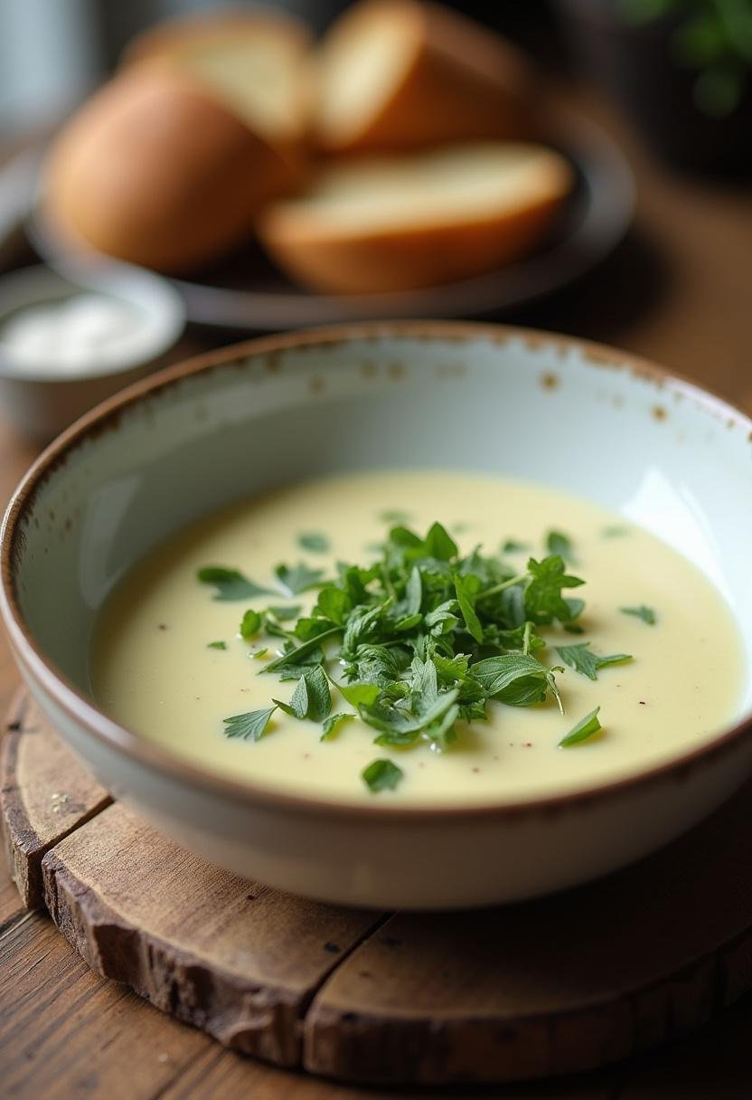 Fertige Cremesuppe mit Lauch und Schmelzkäse, serviert mit frischen Kräutern.