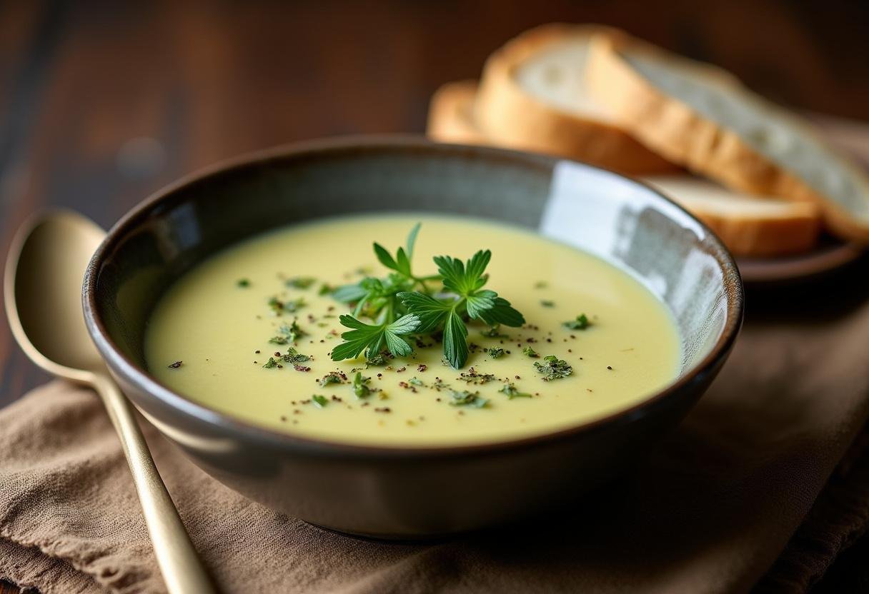 Fertige Cremesuppe mit Lauch und Schmelzkäse, serviert mit frischen Kräutern.