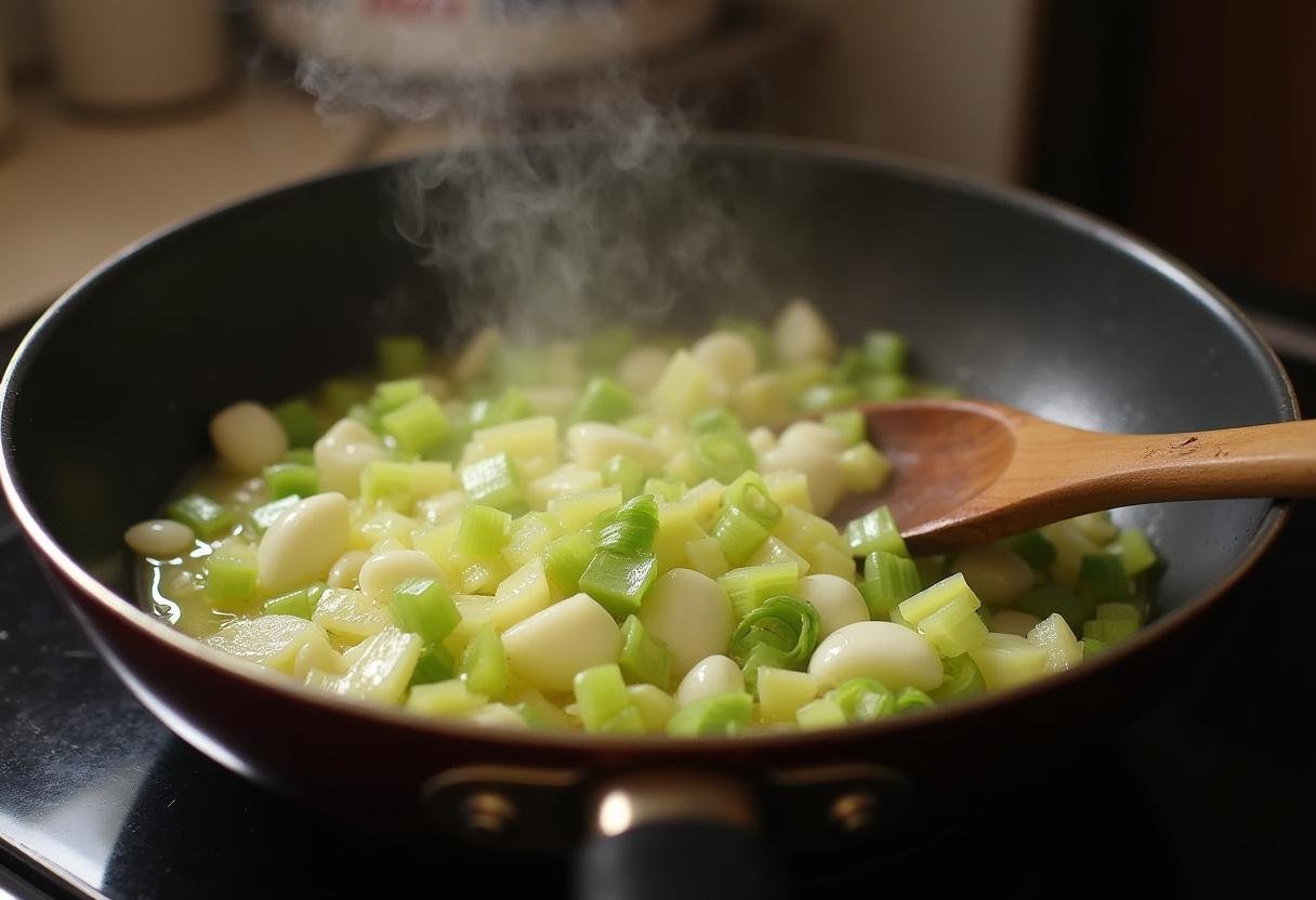 Gekocht Lauch in Butter für Cremesuppe mit Lauch und Schmelzkäse.