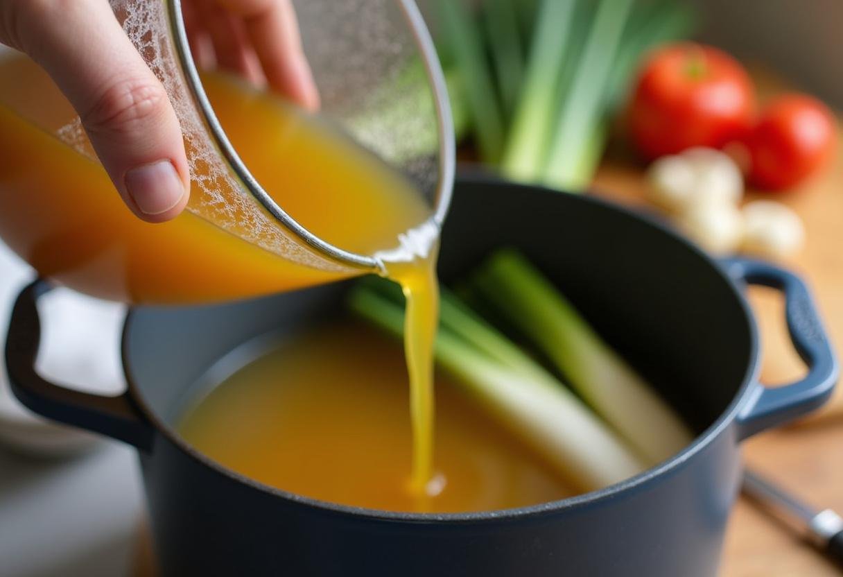 Gemüsebrühe wird in den Topf für die Cremesuppe gegossen.