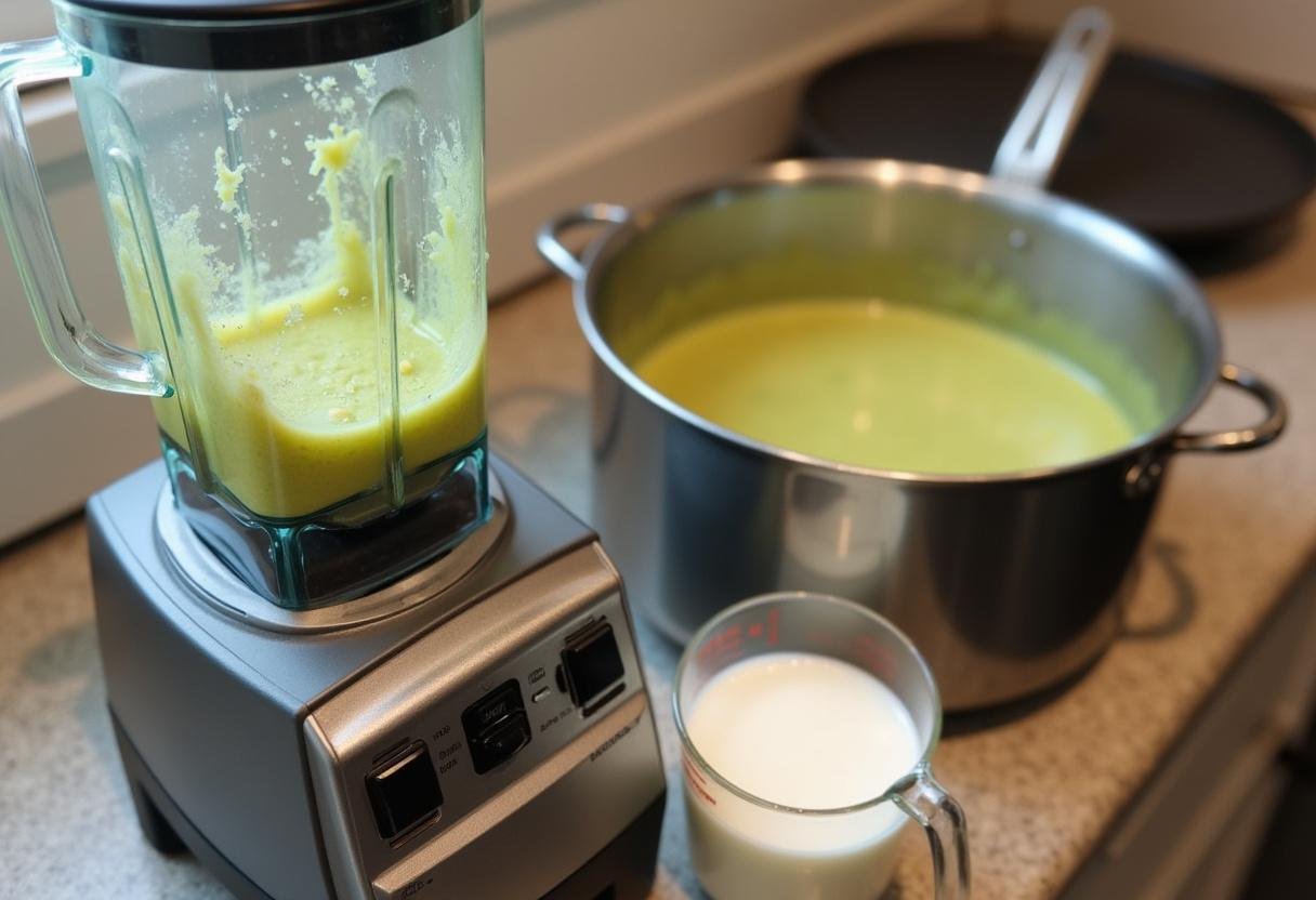 Lauchmischung für cremige Suppe, die bereit zum Pürieren ist.