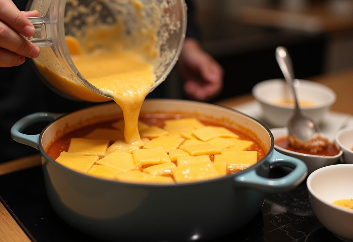 Gemischte Cremesuppe wird mit geschmolzenem Käse verfeinert.