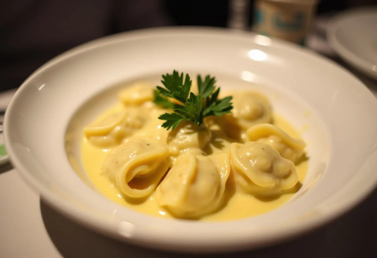 Fertige Tortellini mit Käse Sahne Soße, ideal für ein köstliches Abendessen.