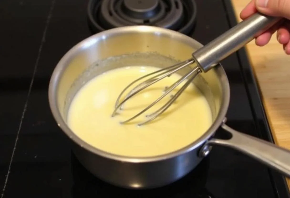 Käse Sahne Soße wird in einem Topf erwärmt, ideal für Tortellini.