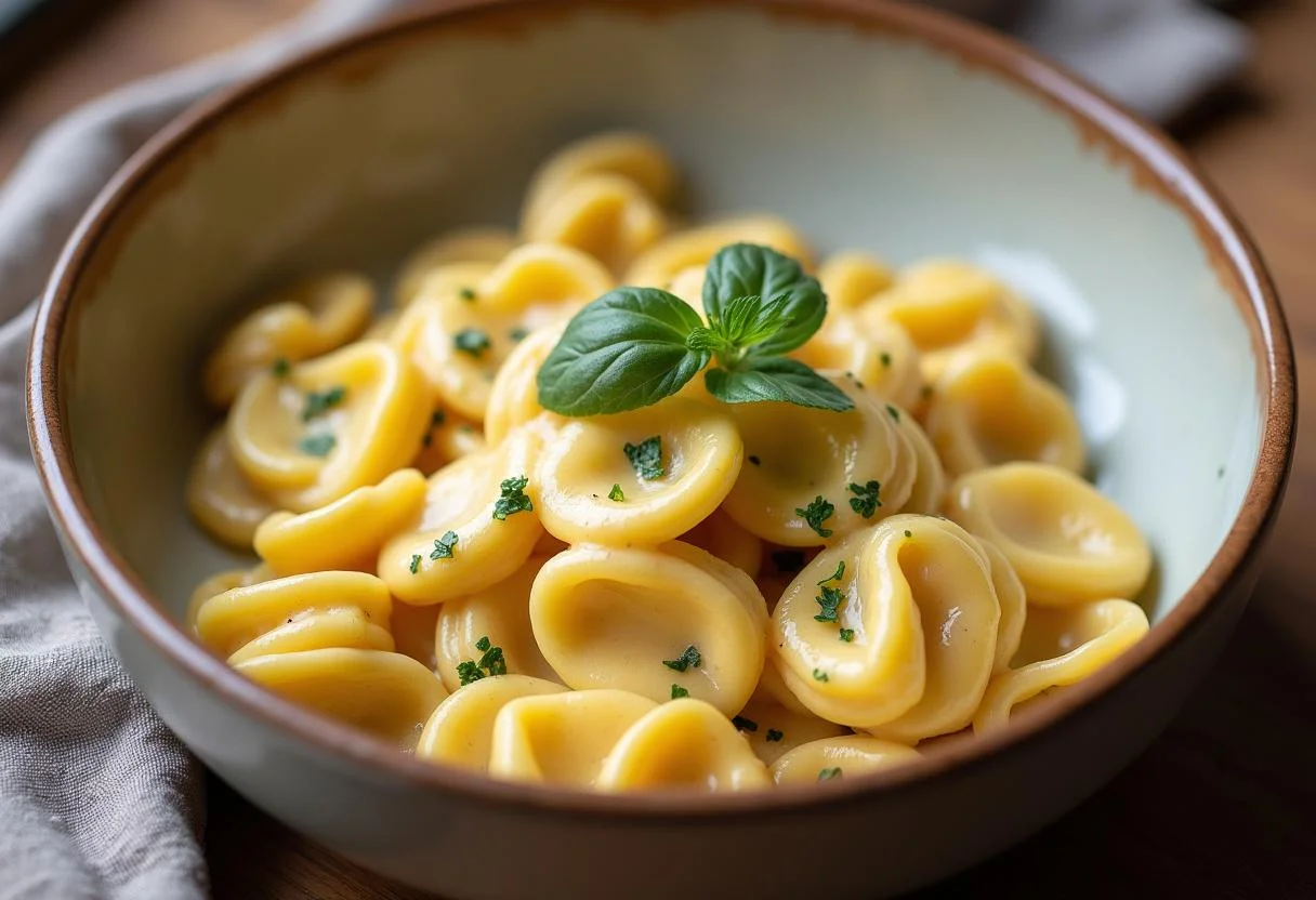 Tortellini mit frischer Käse Sahne Soße garniert, eine köstliche Mahlzeit.