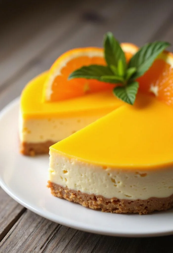 Fertiger cremiger Orangen Käsekuchen mit frischen Orangenscheiben, perfekt für jeden Anlass.