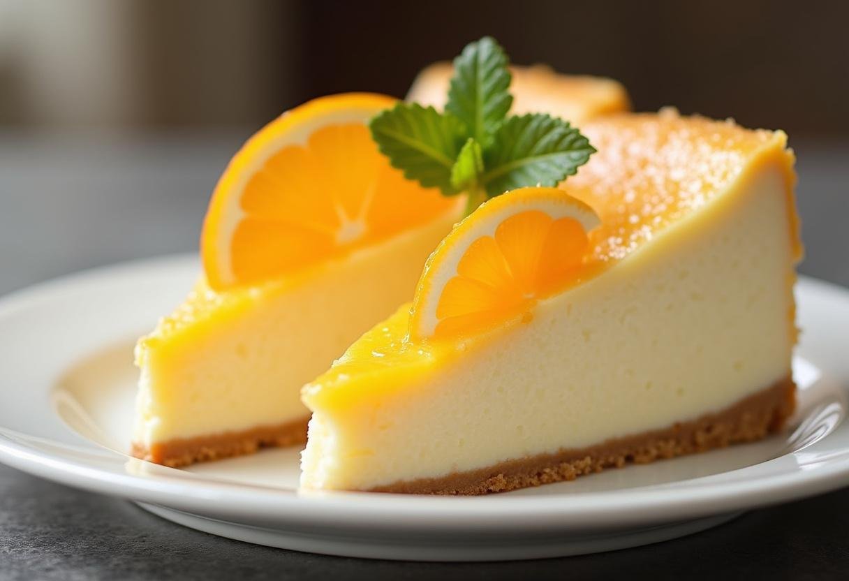 Fertiger cremiger Orangen Käsekuchen mit frischen Orangenscheiben, perfekt für jeden Anlass.