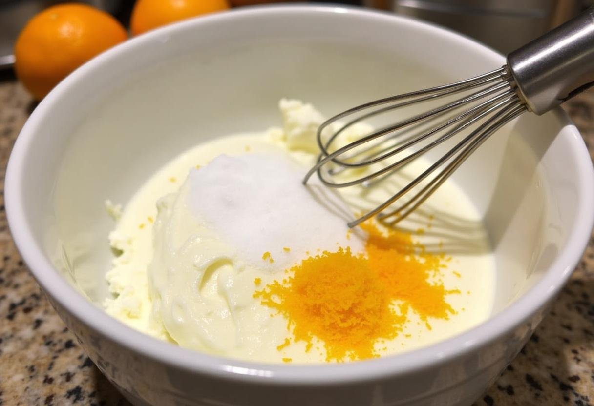Zutaten für cremigen Orangen Käsekuchen in einer Rührschüssel: Frischkäse, Zucker und Orangenzesten.