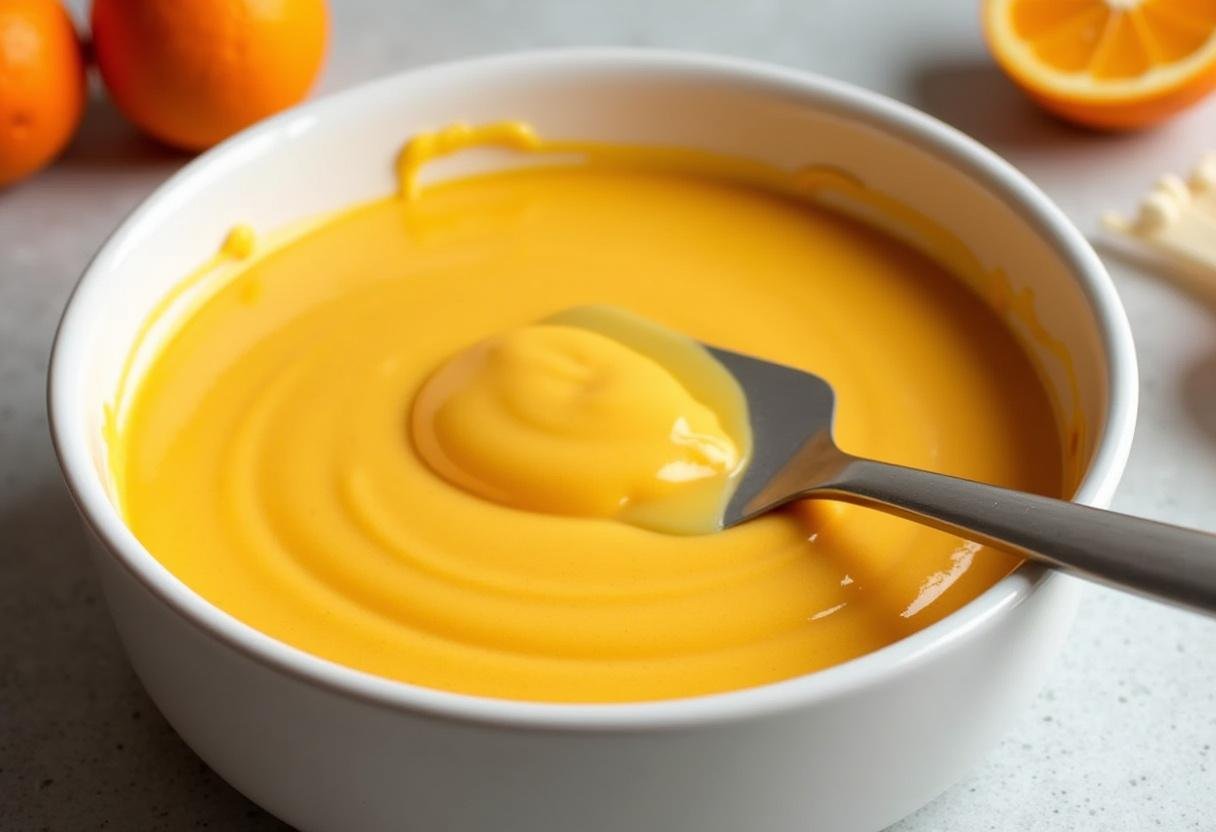 Glatter Käsekuchenmix für cremigen Orangen Käsekuchen, bereit für die Backform.