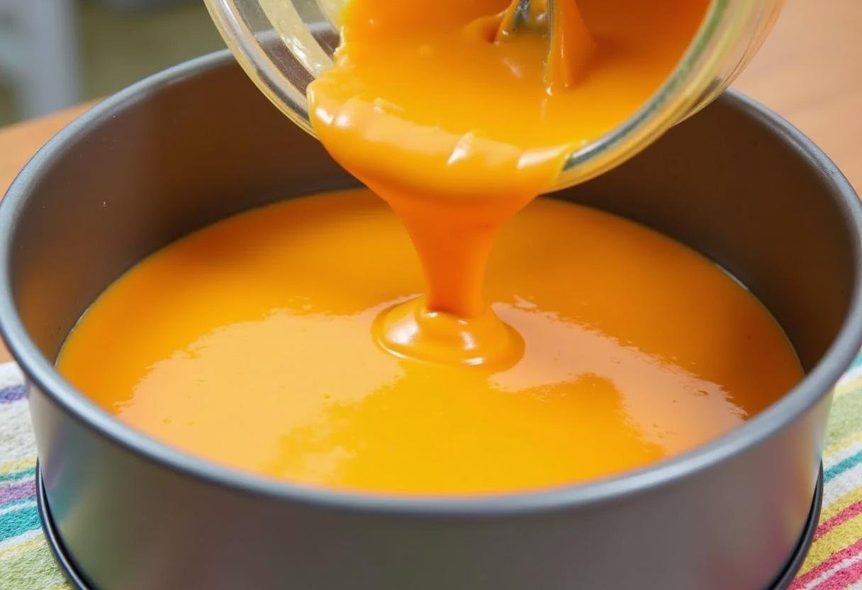 Füllen einer Springform mit der Käsekuchenmasse für den cremigen Orangen Käsekuchen.