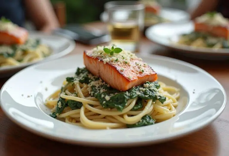 Fertiger cremiger Spinat mit Lachs und Nudeln, perfekt zum Servieren.