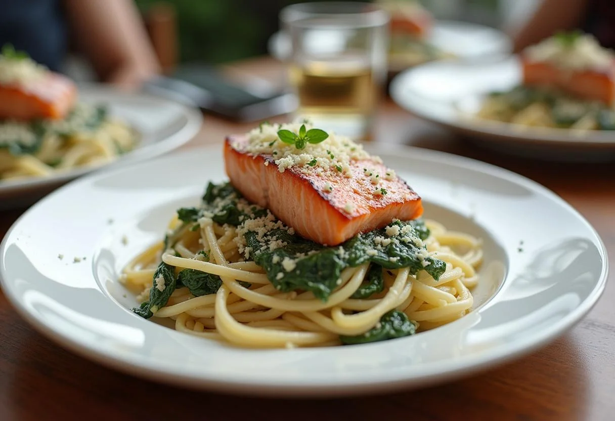 Fertiger cremiger Spinat mit Lachs und Nudeln, perfekt zum Servieren.