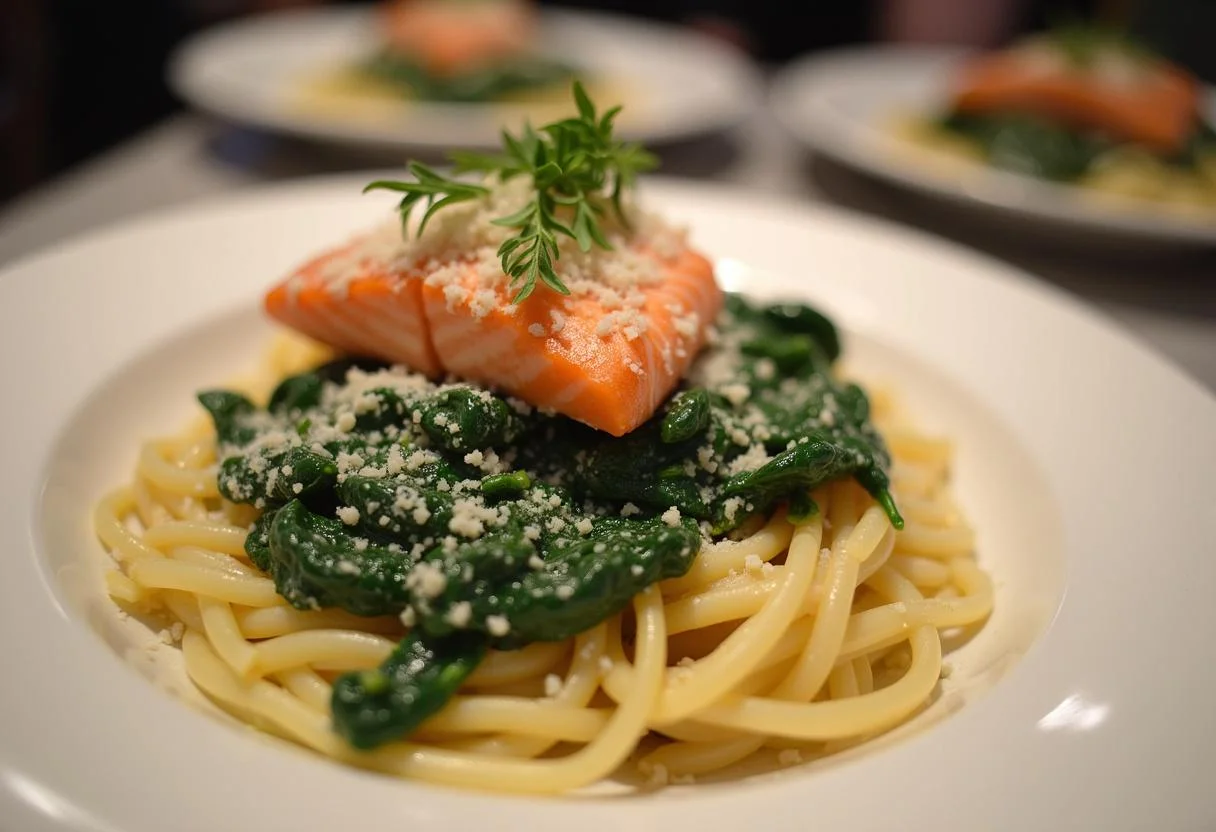 Fertiger cremiger Spinat mit Lachs und Nudeln, perfekt zum Servieren.