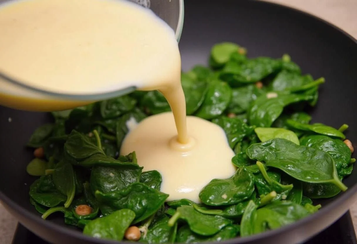 Cremige Spinatsoße wird unter die Sauté-Spinatmischung für cremigen Spinat mit Lachs gemischt.
