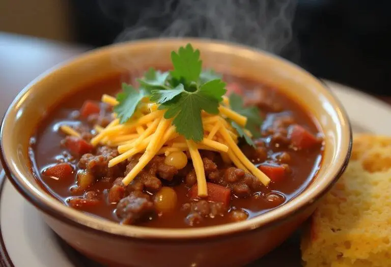 Delicious bowl of Chili con Carne topped with cilantro and cheese, ready to enjoy.
