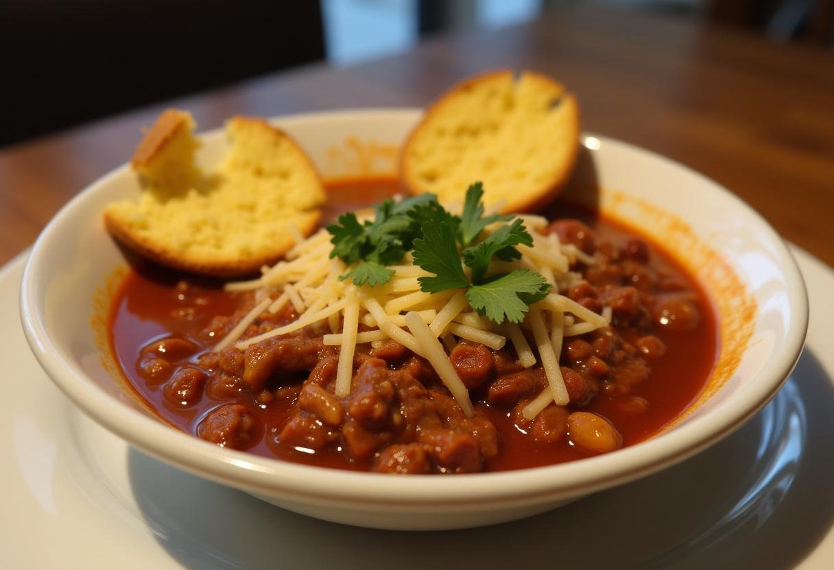 Delicious bowl of Chili con Carne topped with cilantro and cheese, ready to enjoy.