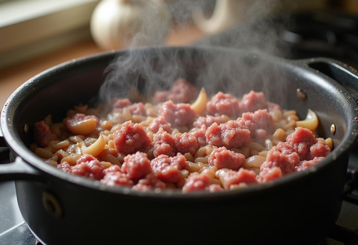 Ground beef browning with onions and garlic for the best Chili con Carne.