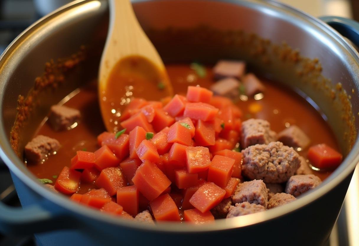 Adding diced tomatoes, tomato paste, and beef broth to the meat for Chili con Carne.